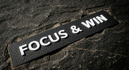 FOCUS & WIN words on black label on dark stone backgroundの写真素材