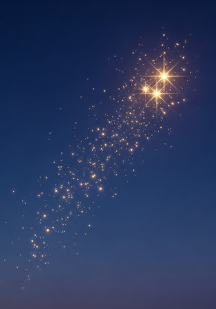 Golden glittering stars on blue sky background.の写真素材