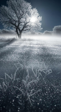 Frosty winter landscape with lonely tree and foggy meadowの写真素材