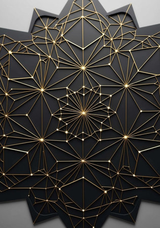 3d illustration, abstract geometric background with golden lines and stars.の写真素材