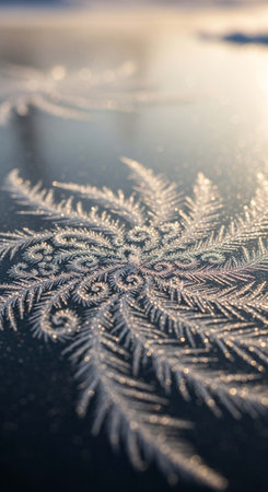 Frosty natural pattern on winter window glass, shallow depth of fieldの写真素材