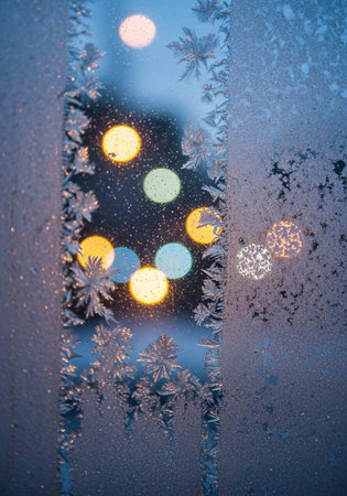 Frosty natural pattern on winter window with bokeh lightsの写真素材