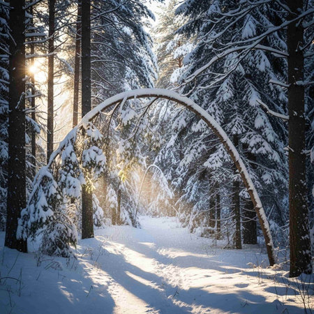 Sunset in the winter forest. Beautiful winter landscape with sunbeamsの写真素材