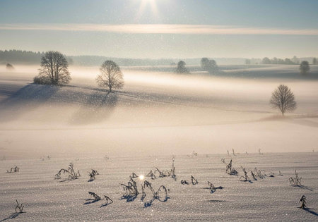 Winter landscape with snow covered fields and trees in the morning light.の写真素材