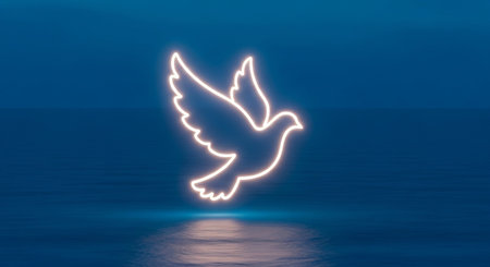 Dove of peace in the sea. Glowing symbol of peace.の写真素材