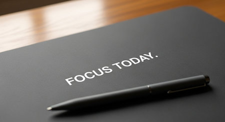 FOCUS TODAY text on black folder with pen on wood tableの写真素材