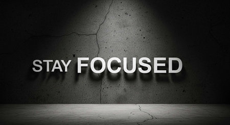 Conceptual image with stay focused sign on concrete wall. 3D renderingの写真素材