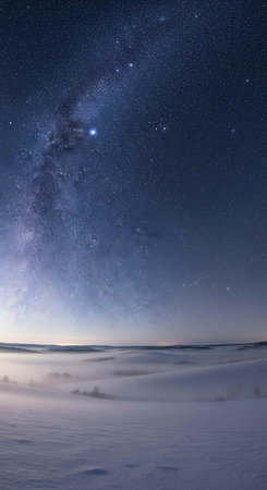 Milky way over the snow-covered field. Winter landscape.の写真素材