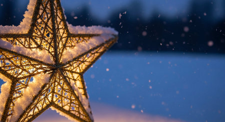 Christmas star on snow background with bokeh and snowflakesの写真素材
