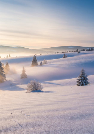 Beautiful winter sunrise in the Carpathian mountains, Ukraine.の写真素材