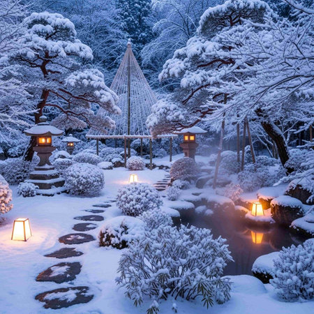 Beautiful winter Japanese garden at night with snow covered trees and lanternsの写真素材