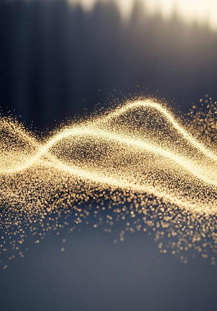 Golden glittering particles wave on dark background. 3d render illustrationの写真素材