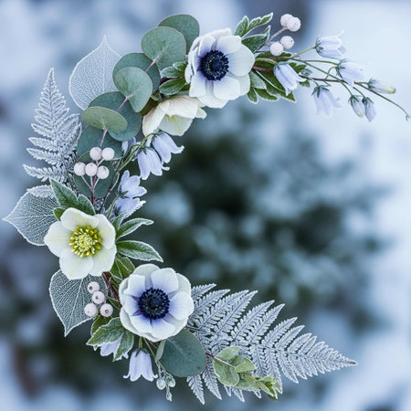 wreath of flowers on a background of the winter landscape with snowの写真素材