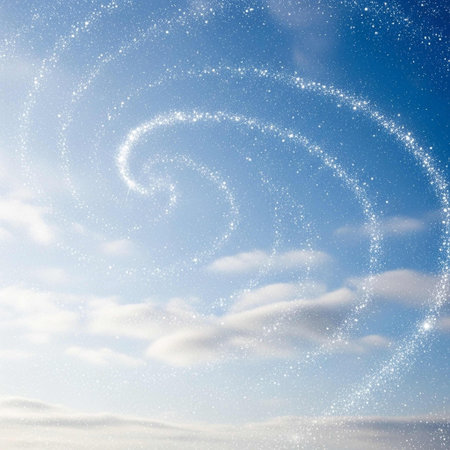 abstract blue sky background with white clouds and spiral of shining starsの写真素材