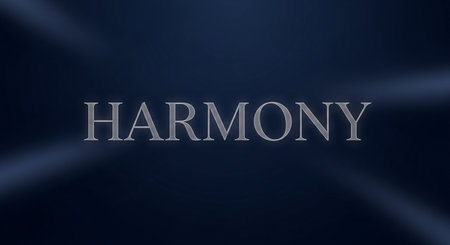 Harmony 3D text on dark blue background with light raysの写真素材