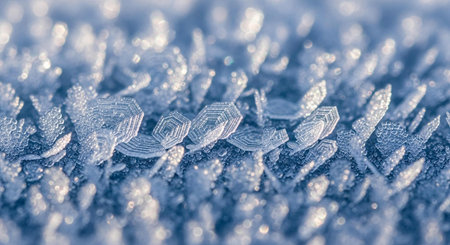 macro texture of ice crystals on a frozen window glass in winterの写真素材