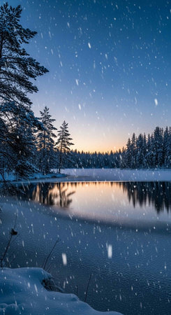 Beautiful winter landscape with frozen lake and snowflakes in Finlandの写真素材