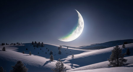 Fantastic winter landscape with snowy fir trees and full moon.の写真素材