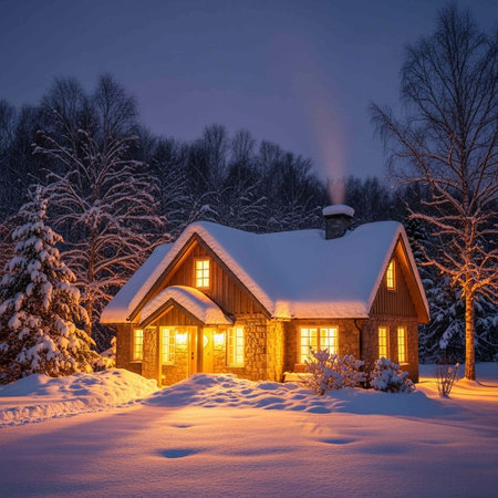 Beautiful wooden house in winter forest at night. Landscape.の写真素材
