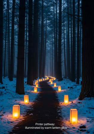 Lighted candles in the dark forest during a snowfall in winterの写真素材