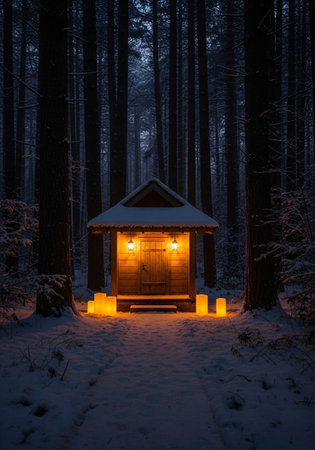 Wooden hut in winter forest at night. Wooden hut in winter forestの写真素材