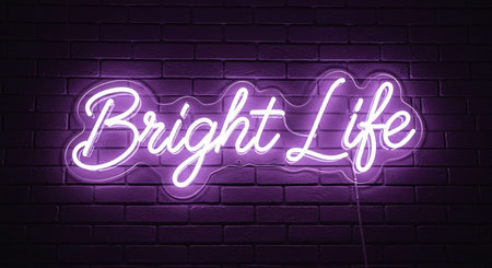 Neon signboard with the word bright life on brick wall backgroundの写真素材