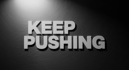 Keep Pushing Metal Text 3D Illustration Mockup Scene on Black Backgroundの写真素材