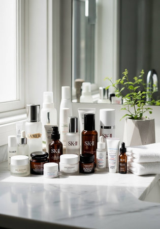 Bathroom interior with cosmetic products on the table, close upの写真素材