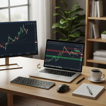 Laptop computer screen with stock market chart on screen. Financial trading concept.