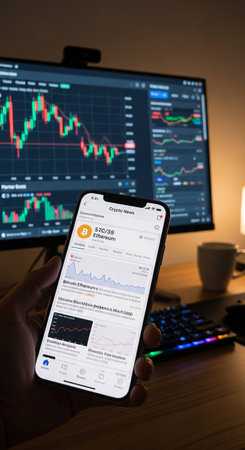 Man hand holding iPhone with stock market application on the screen.の写真素材