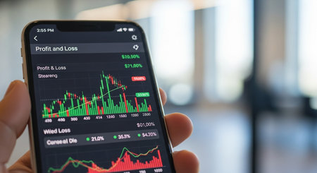 smartphone with stock market app on screen in office, stock market concept