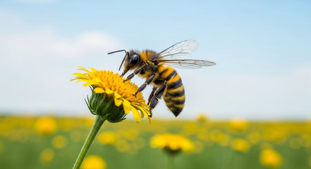 Bee on a yellow dandelion flower. Shallow depth of field