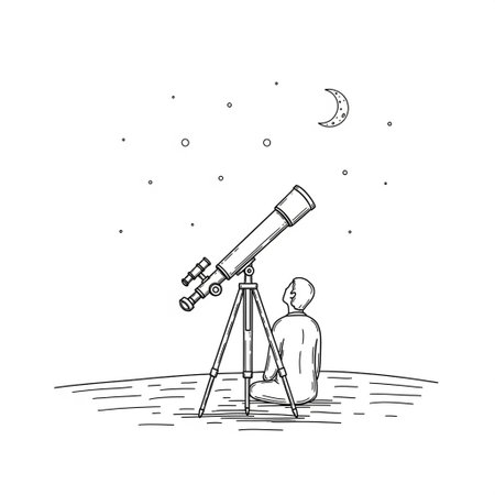 Astronaut looking through a telescope. Hand drawn vector illustration.の写真素材