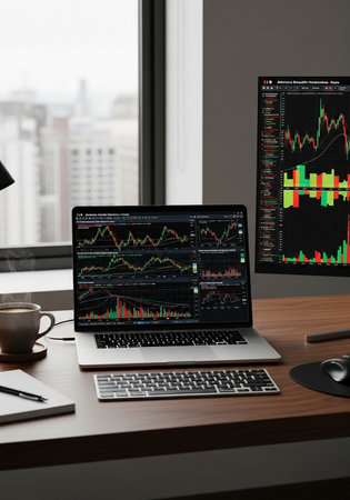 Laptop with stock market data on screen, stock exchange trading concept