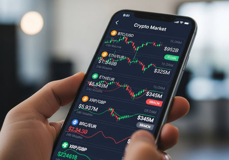hand holding smart phone with stock market application on screen, stock market concept