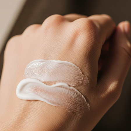 Close-up of woman applying cosmetic cream on her hand. Skin care concept
