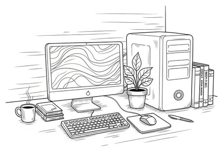 Computer and office desk. Hand drawn vector illustration in sketch style.の写真素材