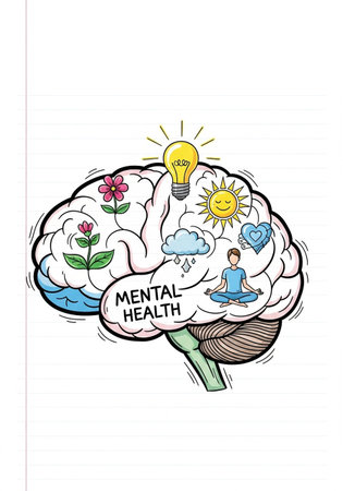 Hand drawn illustration of a brain and a light bulb with text Mental Health