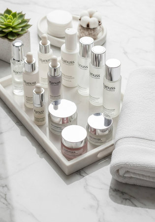 Cosmetic containers on a white marble table. Beauty treatment concept.の写真素材