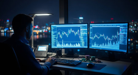 Businessman analyzing stock market data on computer monitor at night time.