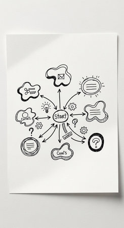 Strategy plan drawn on a white sheet of paper with icons and symbols