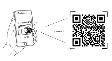 Illustration of a QR code scanning a mobile phone with a camera.