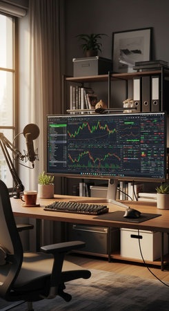 Computer monitor with stock market data on the table. 3d rendering.
