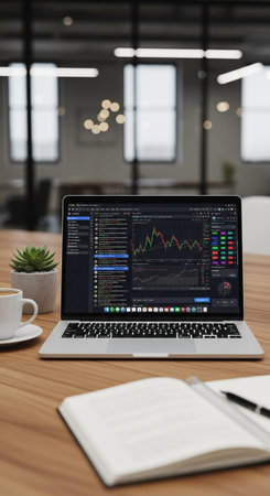 Laptop screen with stock market data on the wooden table in officeの写真素材