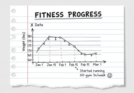 Graph of progress on notebook paper sheet with line graph. Vector illustration.