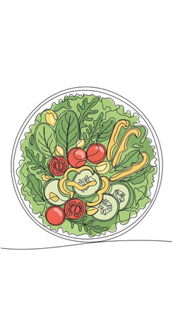 Vegetable salad in a bowl. Hand drawn vector illustration.の写真素材