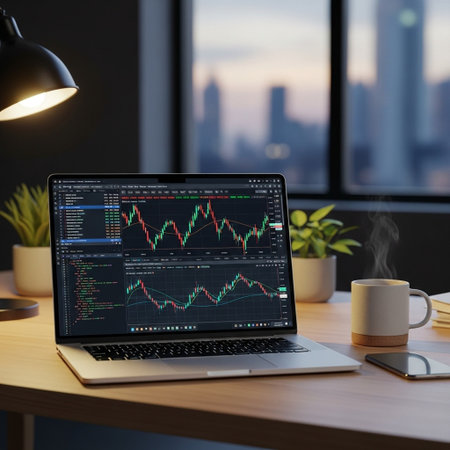 laptop screen with stock market data on table in office at nightの写真素材