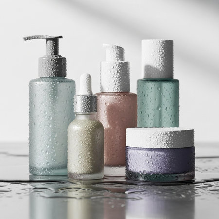 cosmetic bottles with droplets of water on a white background.