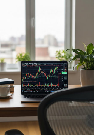 Laptop with stock market chart on screen. Business and finance concept.