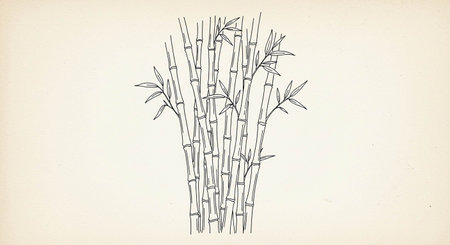 Hand drawn illustration of bamboo stems and leaves on light beige background.の写真素材
